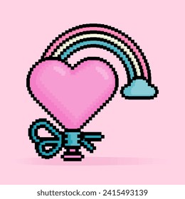 8 bit pixel illustration of balloon shaped love or pink hearts with rainbows for diversity and gender equality. Can be used for sticker, t shirt, gift, dating invitation, poster, Valentine greeting