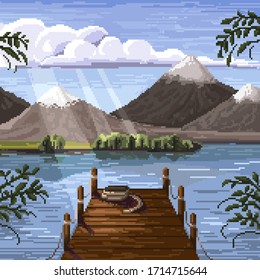 8 bit pixel illustration of forest, mountains and lake in daylight for video games or mobile application. Vector pixel nature landscape. Lighted landscape with trees and a tree bridge.