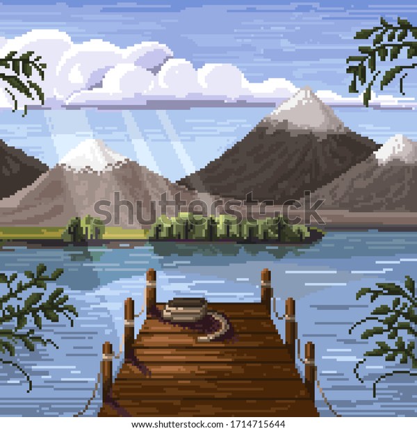 8 bit pixel illustration of forest, mountains and\
lake in daylight for video games or mobile application. Vector\
pixel nature landscape. Lighted landscape with trees and a tree\
bridge.