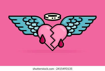 Ilustración de 8 bits de corazón o amor que herido y sangrado se convierte en un ángel y tiene alas para volar. Puede usarse para pegatinas, camisetas, regalos, citas, afiches, saludos de San Valentín