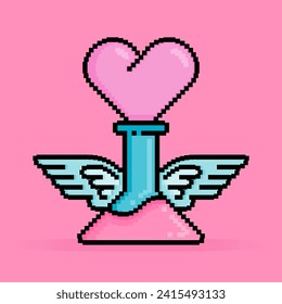 8 bit pixel illustration of Love potion for long lasting relationships stored in glass with wings. Can be used for sticker, t shirt, gift, dating invitation, poster, Valentine greeting