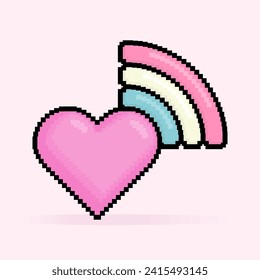 Ilustración de 8 bits píxel de signo de amor o corazón rosa para la celebración del 14 de febrero con arcoiris pastel. Puede usarse para pegatinas, camisetas, regalos, citas, afiches, saludos de San Valentín