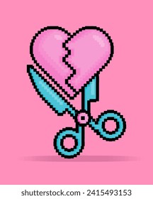 8 bit pixel illustration of love sign or pink heart cut by scissors metaphor of a broken relationship. Can be used for sticker, t shirt, gift, dating invitation, poster, Valentine greeting