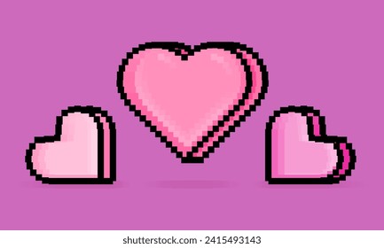 8 bit pixel illustration of pink love sign standing and lying for february 14 event. Can be used for sticker, t shirt, gift, dating invitation, poster, Valentine greeting