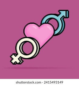 Ilustración de 8 bits en píxeles de corazón rosa o signo de amor entre símbolos de género masculino o femenino. Puede usarse para pegatinas, camisetas, regalos, citas, afiches, saludos de San Valentín