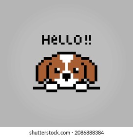 8 bit pixel image of puppy greeting . Animals for asset games in vector illustrations. Cross Stitch pattern.