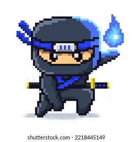 8 bit Pixel Japanese Blue Ninja Water Elements Character Vector Illustration