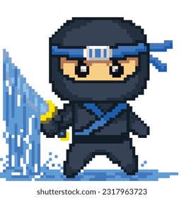 8 bit pixel Japanese Blue Ninja Katana Water Elements Character Vector Illustration