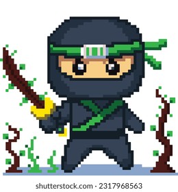 8 bit Pixel Japanese Green Ninja Katana Wooden Leaf Elements Character Vector Illustration