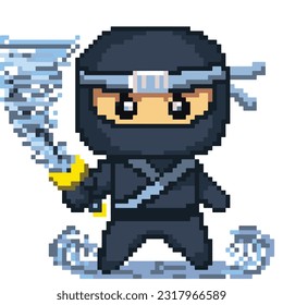 8 bit pixel Japanese Grey Ninja Katana Cyclone Elements Character Vector Illustration