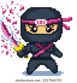 8 bit pixel Japanese Pink Ninja Katana Sakura petals Elements Character Vector Illustration