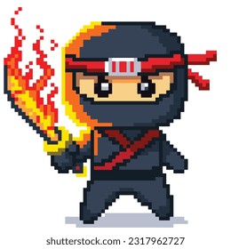 8 bit pixel Japanese Red Ninja Katana Fire Elements Character Vector Illustration