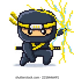 8 bit Pixel Japanese Yellow Ninja Lightning Elements Character Vector Illustration