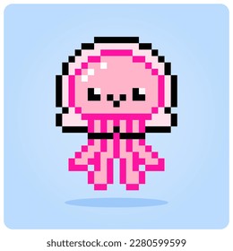 8 bit pixel of Jellyfish. Pixel animals for game assets and cross stitch patterns in vector illustrations.