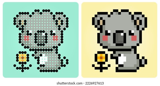 8 bit pixel koala. Animal pixels for game assets and cross stitch patterns in vector illustrations.