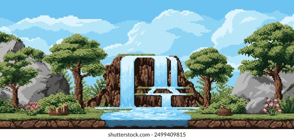 8-Bit-Pixel-Landschaft mit Bergen und Wasserfall Kaskade Arcade-Spiel Ebene Vektor Hintergrund. Pixel Kunst Wald Bäume, Himmel und grünes Gras, Gebirgsfluss, Blumen Naturlandschaft, Videospiel-Szene