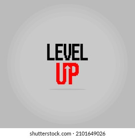 8 bit pixel level-up. Show fonts for game assets and Cross Stitch patterns in vector illustrations.