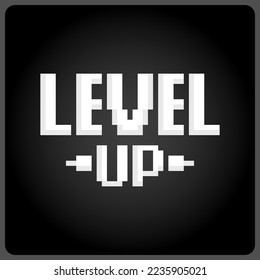 8 bit pixel level-up. Show fonts for game assets and Cross Stitch patterns in vector illustrations.
