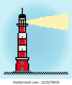 8 bit pixel lighthouse, in vertical view. for game assets and cross stitch patterns in vector illustrations.