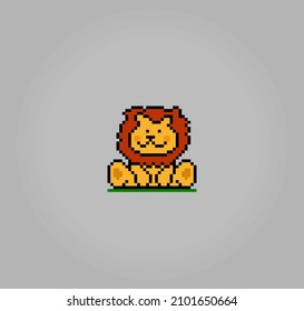 8 bit pixel a lion is sitting. Animals for game asset and cross stitch pattern in vector illustration.