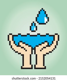 8 bit pixel logo save water. Symbol hand holding a water in vector illustration