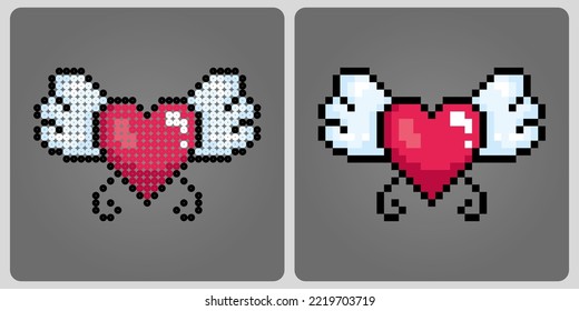 8 bit pixel love. Heart icon with wing in vector illustration for game icon or beads pattern