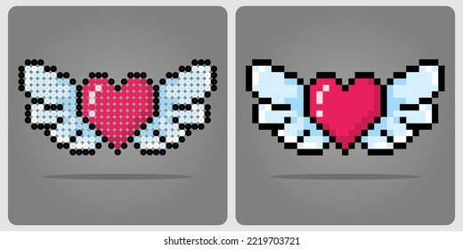 8 bit pixel love. Heart icon with wing in vector illustration for game icon or beads pattern