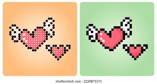 8 bit pixel love. Heart icon with wing in vector illustration for game icon or beads pattern