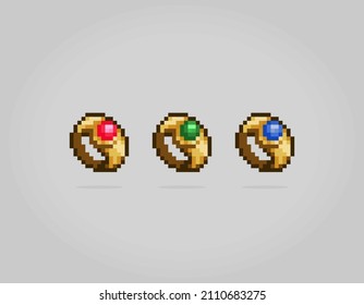 8 Bit Pixel Of Magic Ring. Accessories For Game Assets And Cross Stitch Patterns In Vector Illustrations.