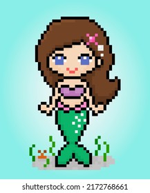 8 bit pixel a mermaid for game assets and cross stitch patterns in vector illustrations.