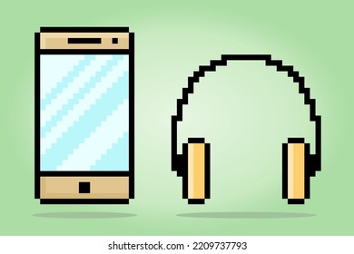 píxel de 8 bits, tecnología de hardware moderna, smartphone y auriculares. Píxeles de iconos Para los activos de juego e iconos web en ilustraciones vectoriales.