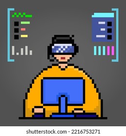 Tecnología moderna de 8 bits píxeles, realidad virtual conectada a la computadora. Píxeles de iconos Para los activos de juego e iconos web en ilustraciones vectoriales.