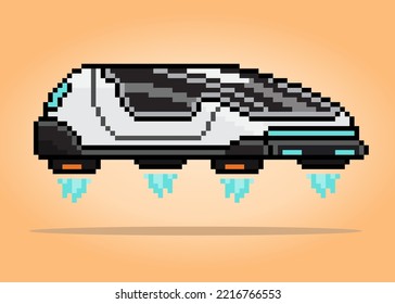8 bit pixel modern technology, future car is flying. Icon pixels For game assets and web icons in vector illustrations.