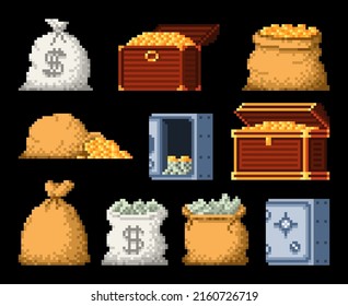 Bolsa de dinero de píxeles de 8 bits, monedas de oro, cofre de tesoros y bóveda, activo de juego vectorial. Iconos de arte de los píxeles de la bolsa de oro y el efectivo en dólares en la bóveda del banco, tesoro de las monedas de oro de dibujos animados para juegos de arcade de 8 bits