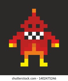 8 bit pixel monster character from retro video game for children. Vector isolated image on black background.