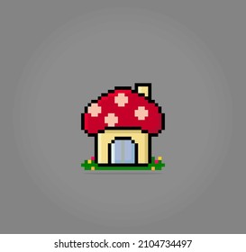 8 bit pixel mushroom house. Building for game assets and cross stitch patterns in vector illustrations.