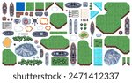 8 bit pixel navy game asset, sea battle and fight top view arcade game elements vector set. Ship, submarine, aircraft, water, grass and tree. Explosions, health bar, bullet and missile, clouds, rocks