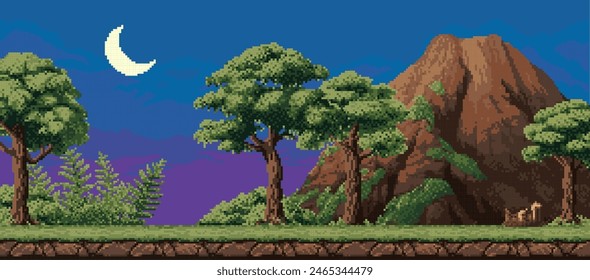 8 bit pixel paisaje de bosque tropical nocturno con montaña. Escena nocturna pixelada de 8 Vectores con exuberante madera tropical con vibrante vegetación, una roca marrón imponente y una luna creciente serena en el cielo