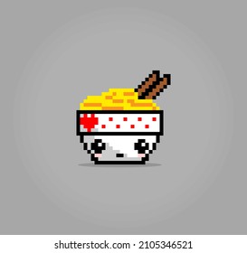 8 bit pixel of noodle on bowl. Doodle for game assets and cross stitch patterns in vector illustrations.