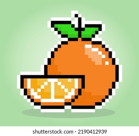8 bit pixel orange slices. Citrus fruit for game assets and cross stitch patterns in vector illustrations.