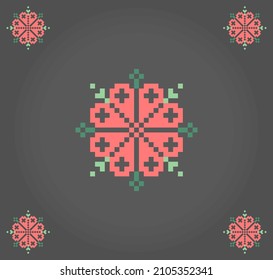 8 bit pixel ornament. Flower for game assets and cross stitch patterns in vector illustrations.