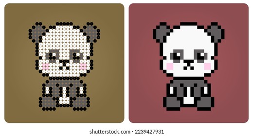 8 bit pixel panda is sitting. Animals for game assets and beads pattern in vector illustrations.