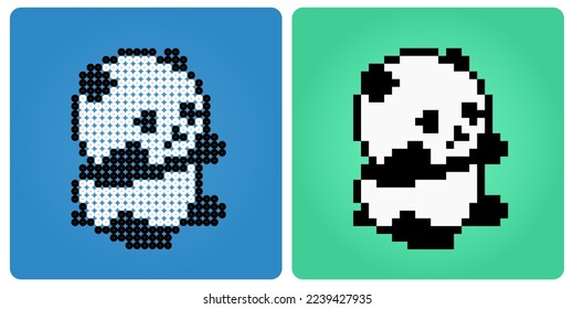 8 bit pixel panda is sitting. Animals for game assets and beads pattern in vector illustrations.