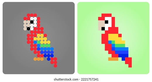 8 bit pixel of parrots. Animal in vector illustration for games asset and beads pattern