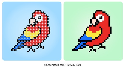 8 bit pixel of parrots. Animal in vector illustration for games asset and beads pattern