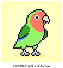 8 bit pixel of parrots. Pixel animals for game assets and cross stitch patterns in vector illustrations.