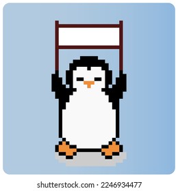 Pingüino de 8 bits sujeta un cartel. Animales de píxeles para activos de juego y patrones de cosido cruzado en ilustraciones vectoriales.