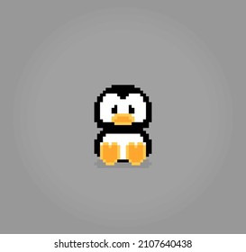 8 bit pixel penguin is sitting. Animals for game assets and beads pattern in vector illustration