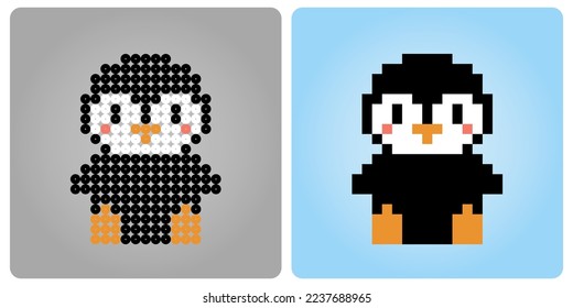 8 bit pixel penguin is sitting. Animals for game assets and beads pattern in vector illustration