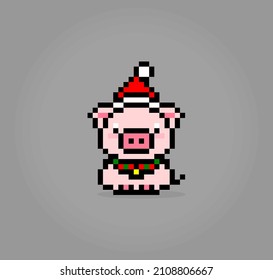 8 bit pixel pig wearing santa hat. Animal for game assets and cross stitch patterns in vector illustrations.